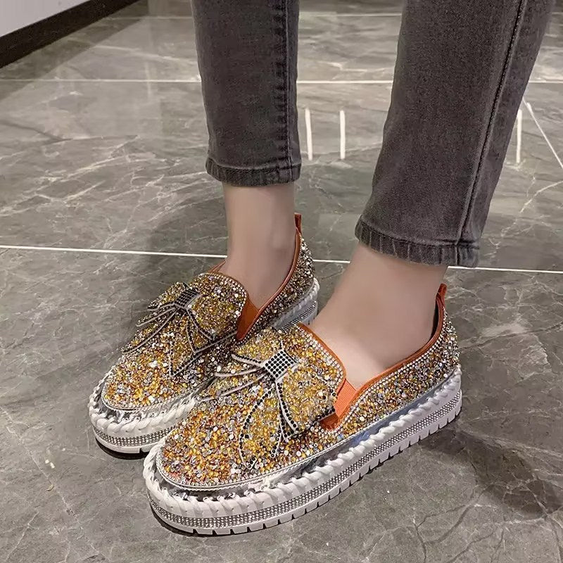 Shining Rhinestone Slip-on Thick Botton Casual Ladies Crystal Shoes