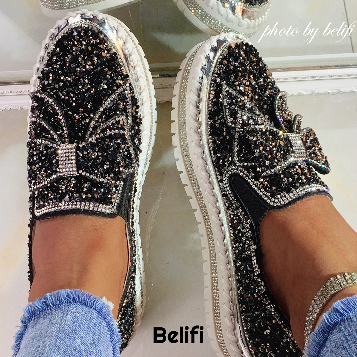 Shining Rhinestone Slip-on Thick Botton Casual Ladies Crystal Shoes