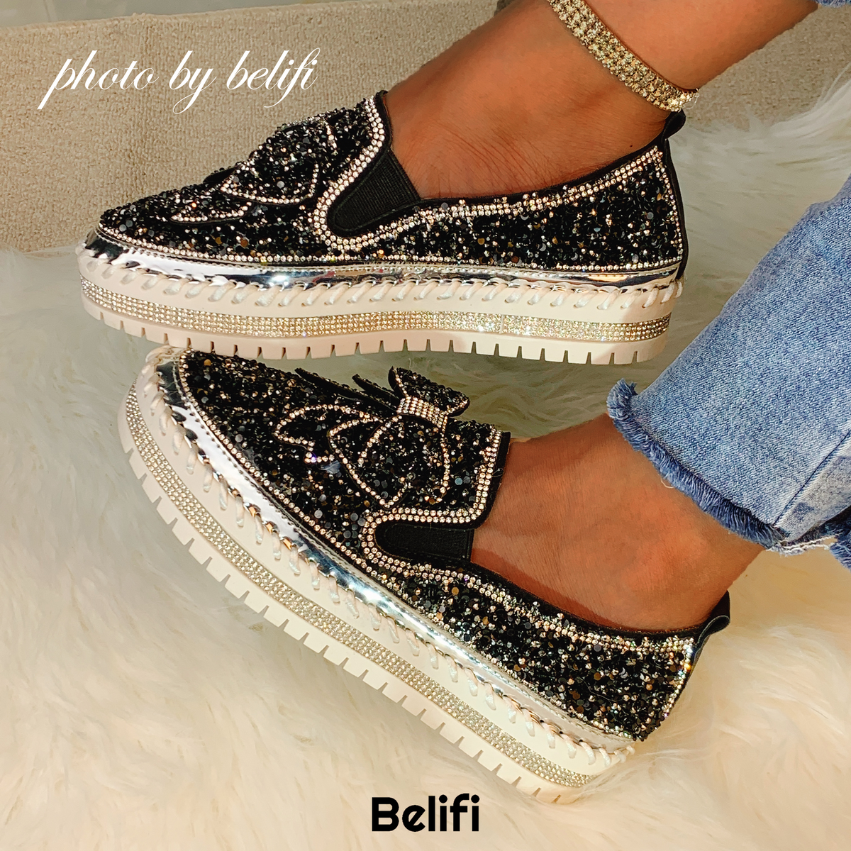 Shining Rhinestone Slip-on Thick Botton Casual Ladies Crystal Shoes