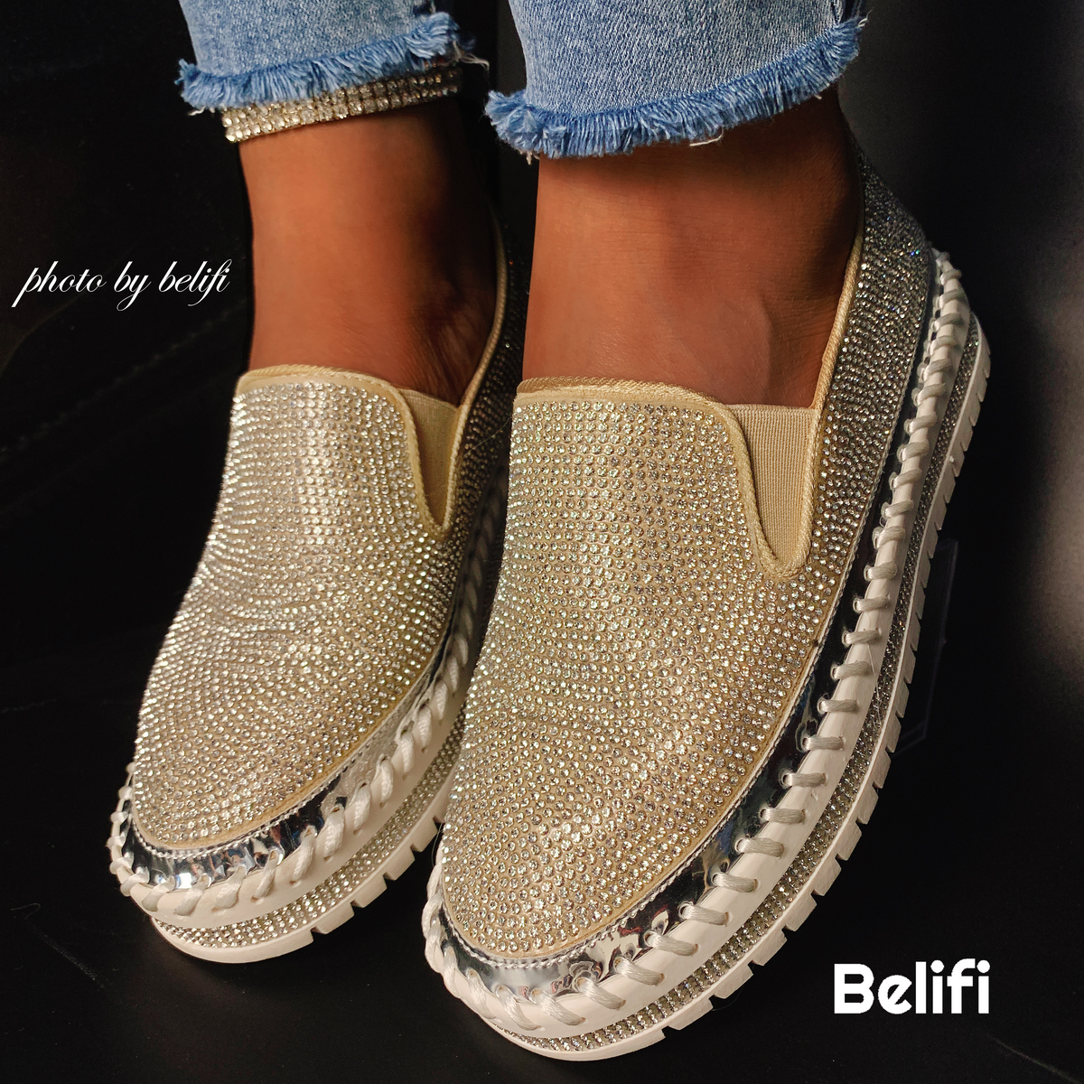 Belifi - Women Rhinestone Platform Breathable Slip-on Shoes