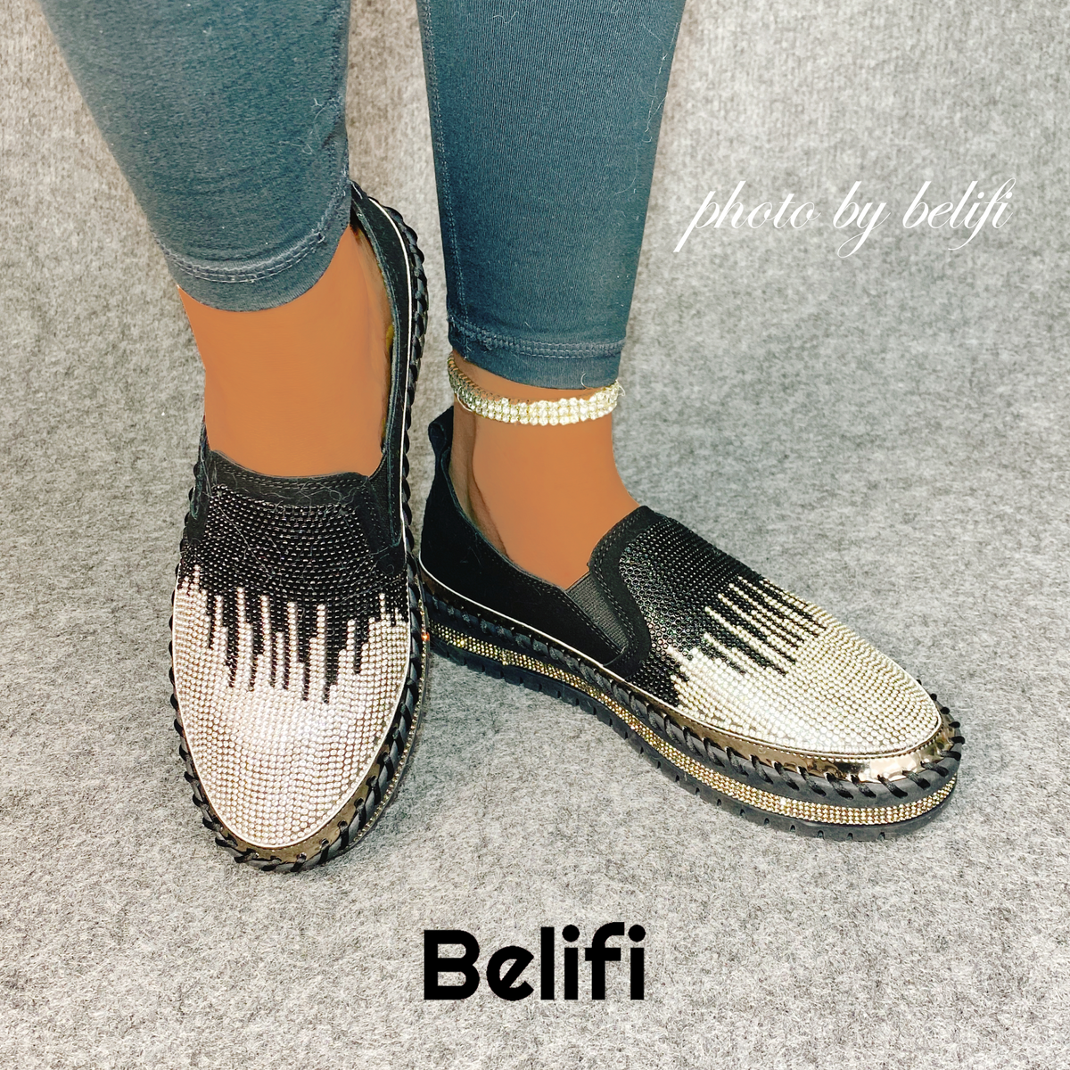 Belifi Dual Twinkle: Multi-Colored Rhinestone-Studded Slip-On Shoes