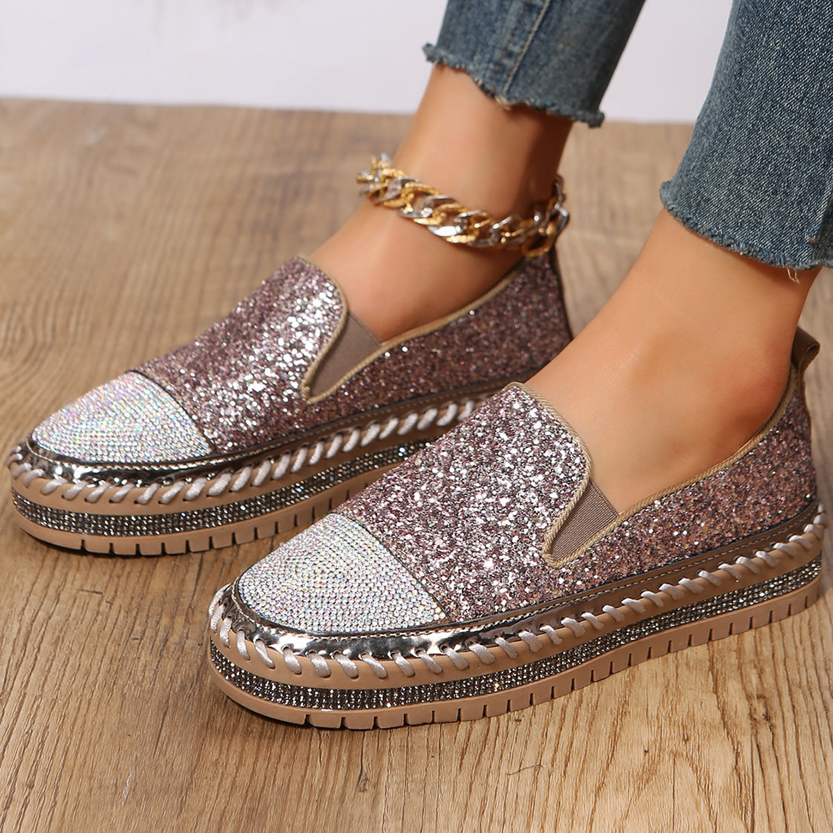 Belifi Starlight Stroll: Full Rhinestone Embellished Slip-On Shoes