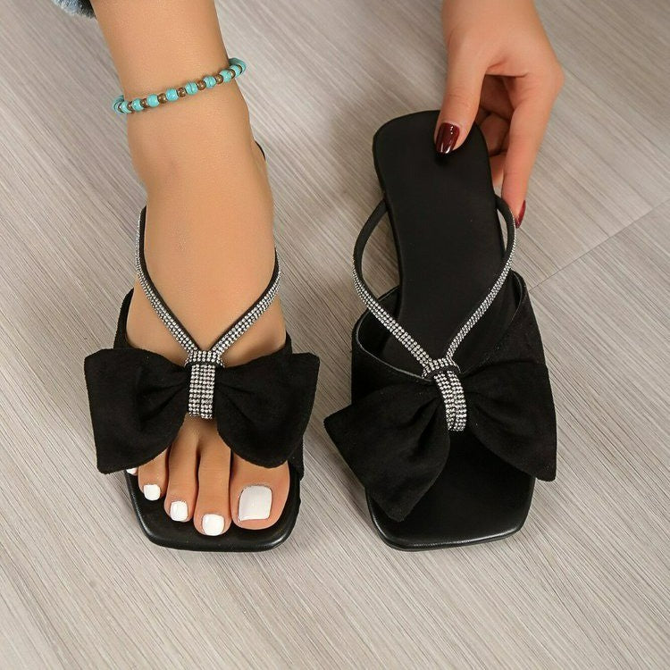 Belifi Square Bow Rhinestone Slippers