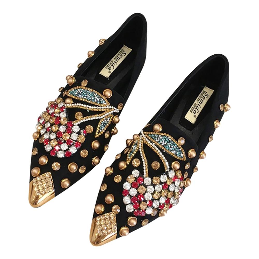 Luxurious Rhinestone Cherry Metal Pointed Toe Flat Shoes