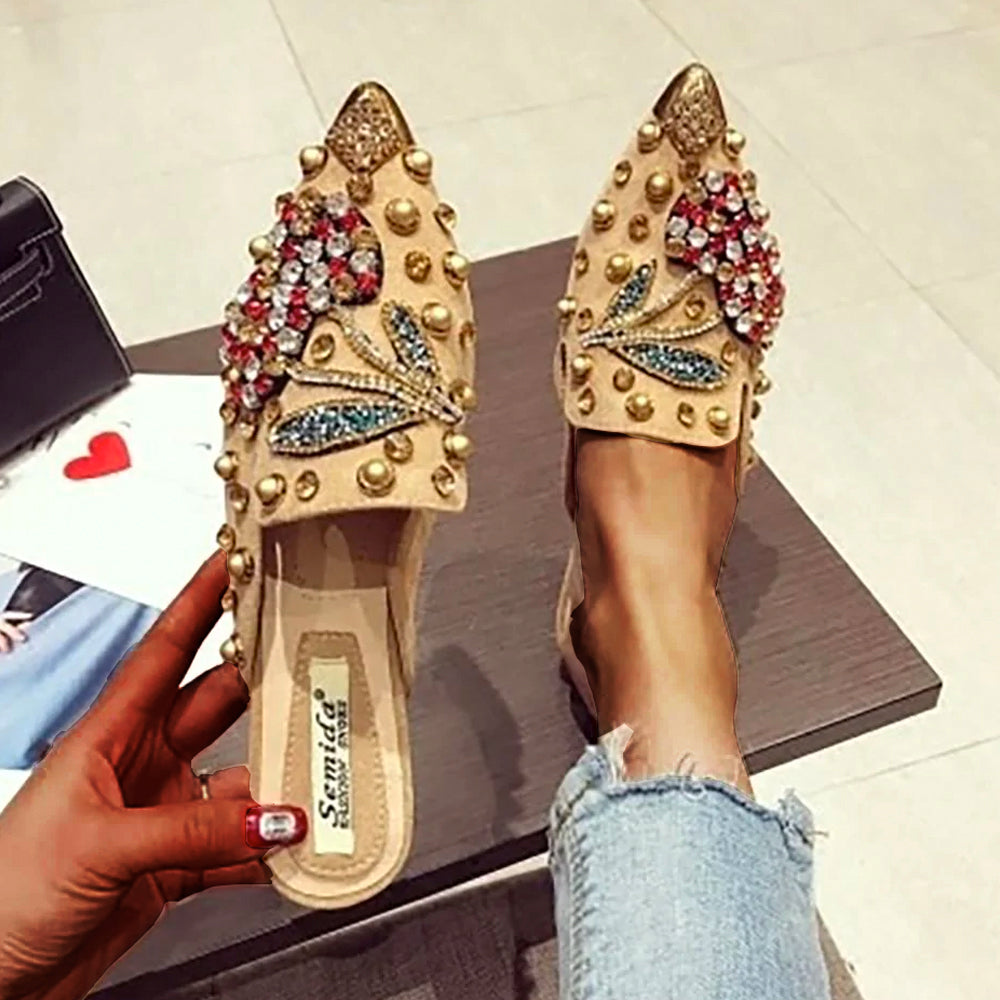 Luxurious Rhinestone Cherry Metal Pointed Toe Flat Shoes