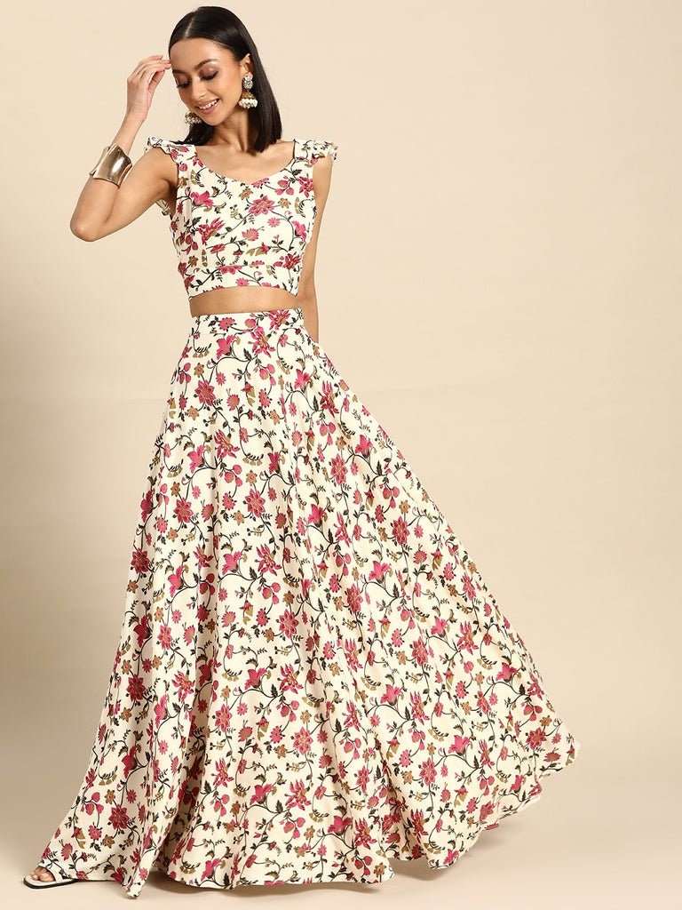 Floral Print Backless Crop Top With Skirt Set | Lehenga Choli ...