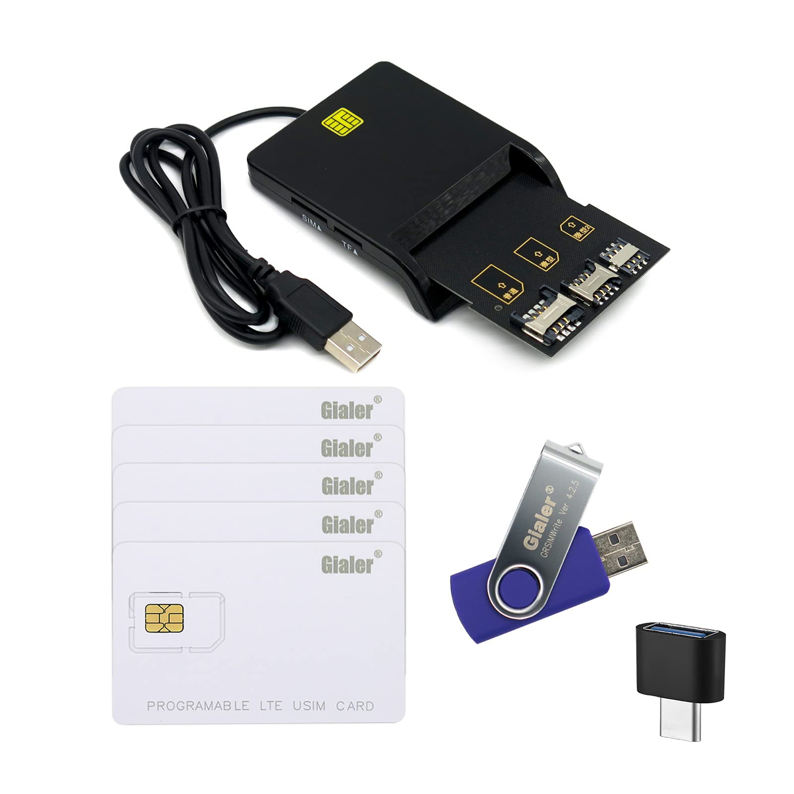Gialer SIM Card Program kit, SIM Card Tools & Accessories 1 Card Reader + 5pcs USIM Cards + 3 in 1 Adapter kit + Newest GRSIMWrite software