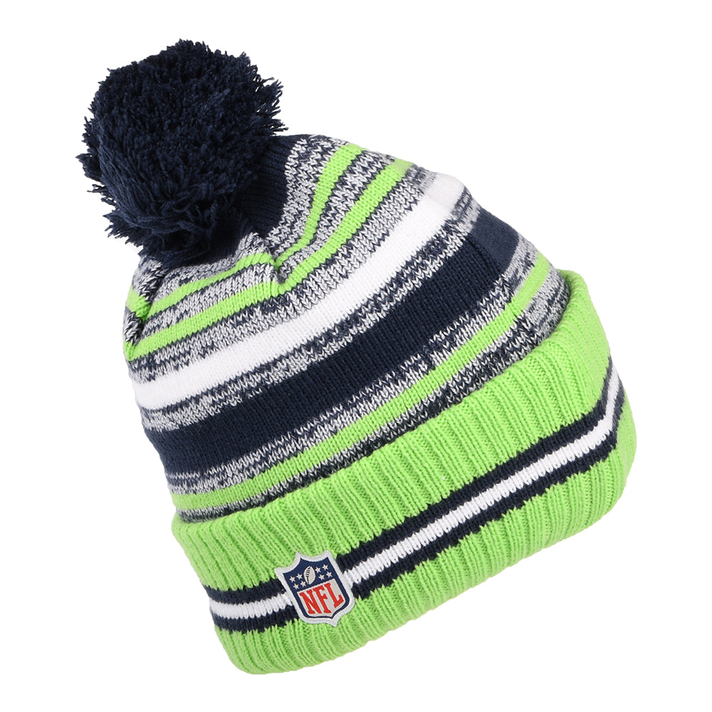 Official New Era Seattle Seahawks Sideline Blue Bobble Beanie Hat Kids  A11201_B96