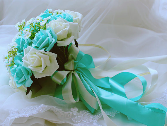 Mint Green Wedding Bouquet PE Flowers Bridal Bouquet  Wedding Centerpieces Decorations,Silk Ribbon Fake Flower Bouquets