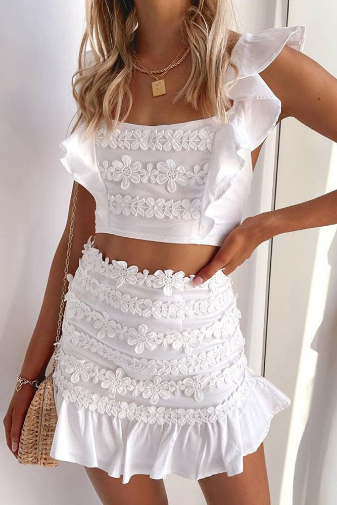 White Floral Appliques Top & Skirt Two-Piece Set – ClassicBoho