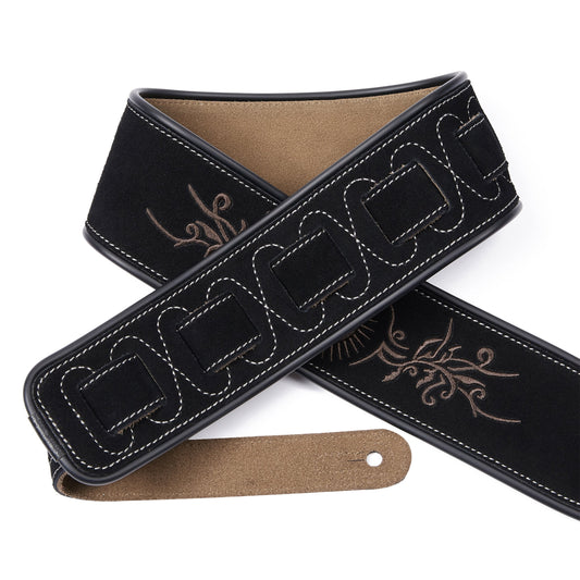 Amumu Embroidered Totem Guitar Strap Black Premium Suede Leather - LE01EBK