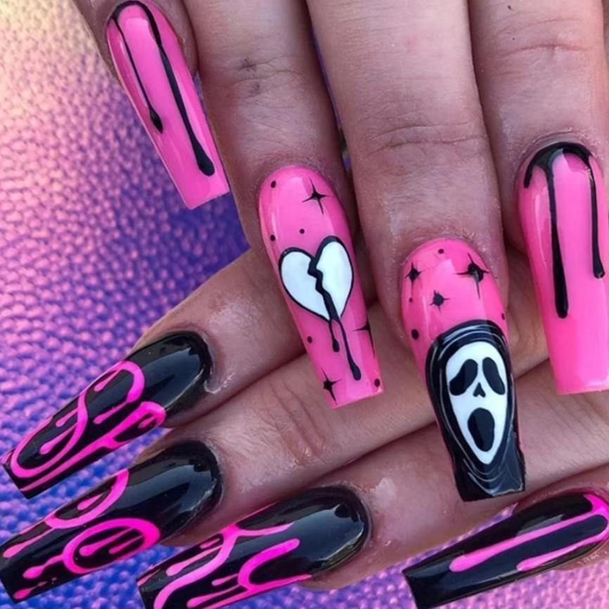 bright pink and black nails