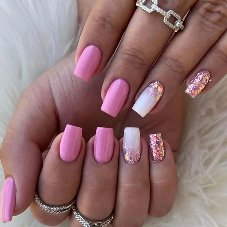Medium Square Light Pink Glitter Ombre Nails 