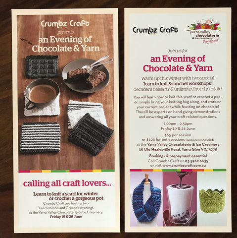 Flyers for Crumbz Craft's A Night of Chocolate & Yarn