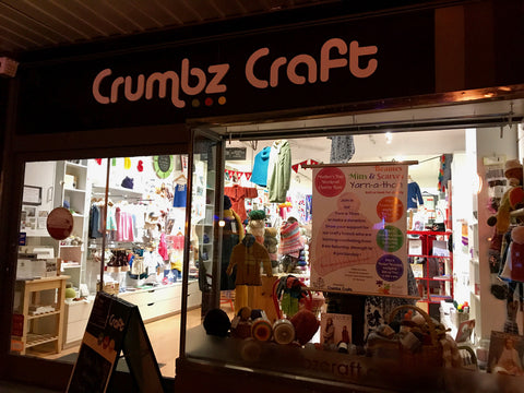 Crumbz Craft at night as the yarn-a-thon was underway inside