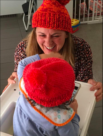 Foster carers and foster child enjoying their beanies knitted at Crumbz Craft charity Yarn-a-Thon May 2017