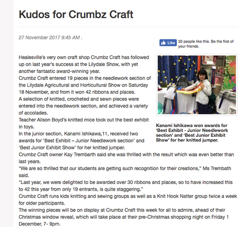 Mountain Mail newspaper article Crumbz Craft's Wins at Lilydale Show