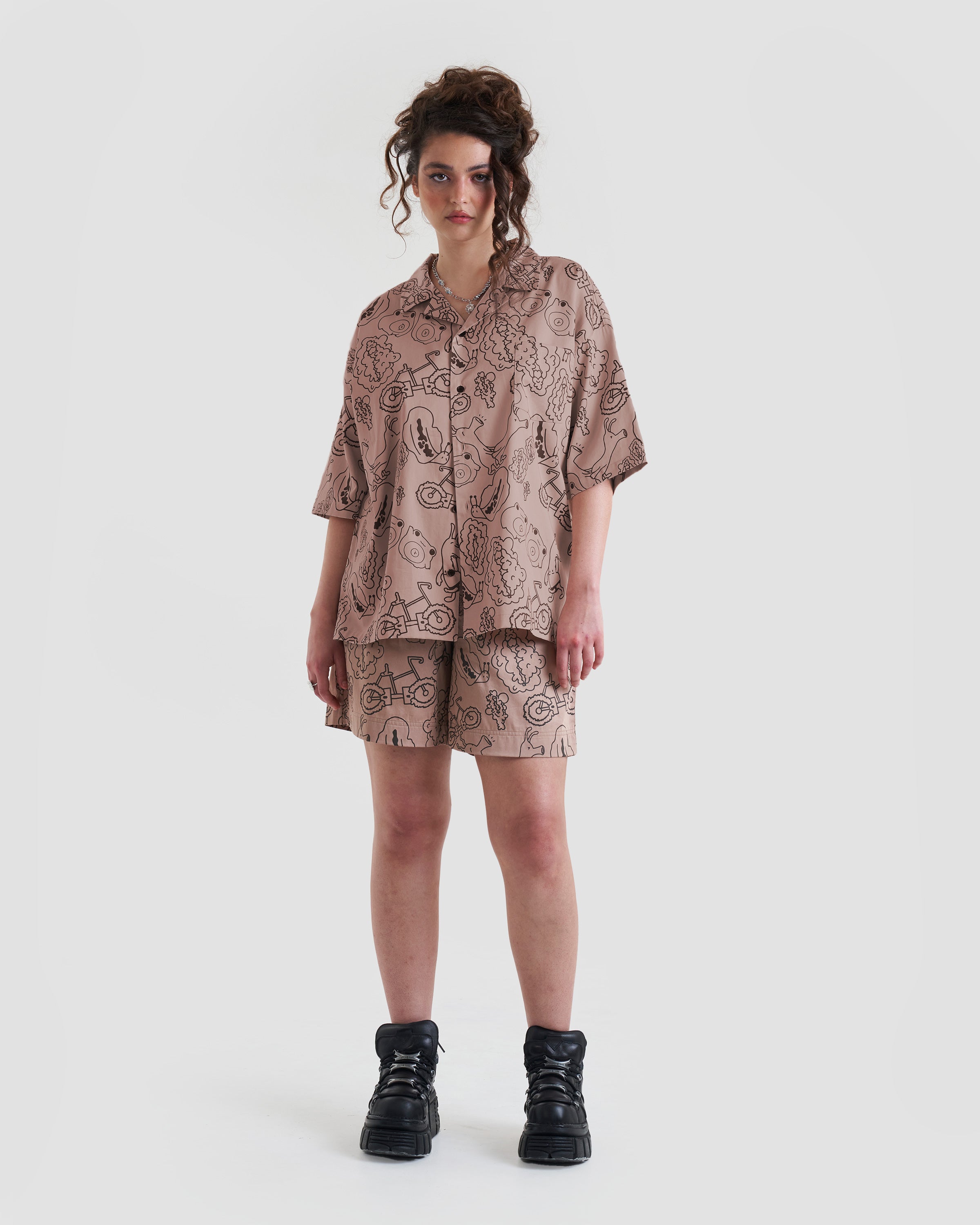 Taboo Oversized Baggy Button Up Shirt with Graphic Print in Light Brown