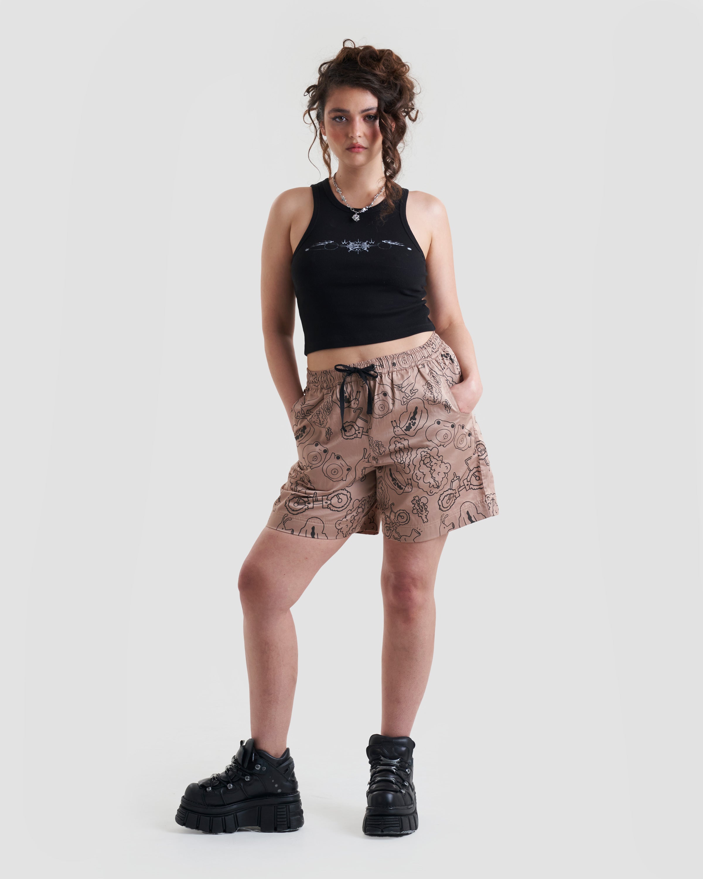 Taboo Baggy Shorts with Adjustable Drawstring in Light Brown