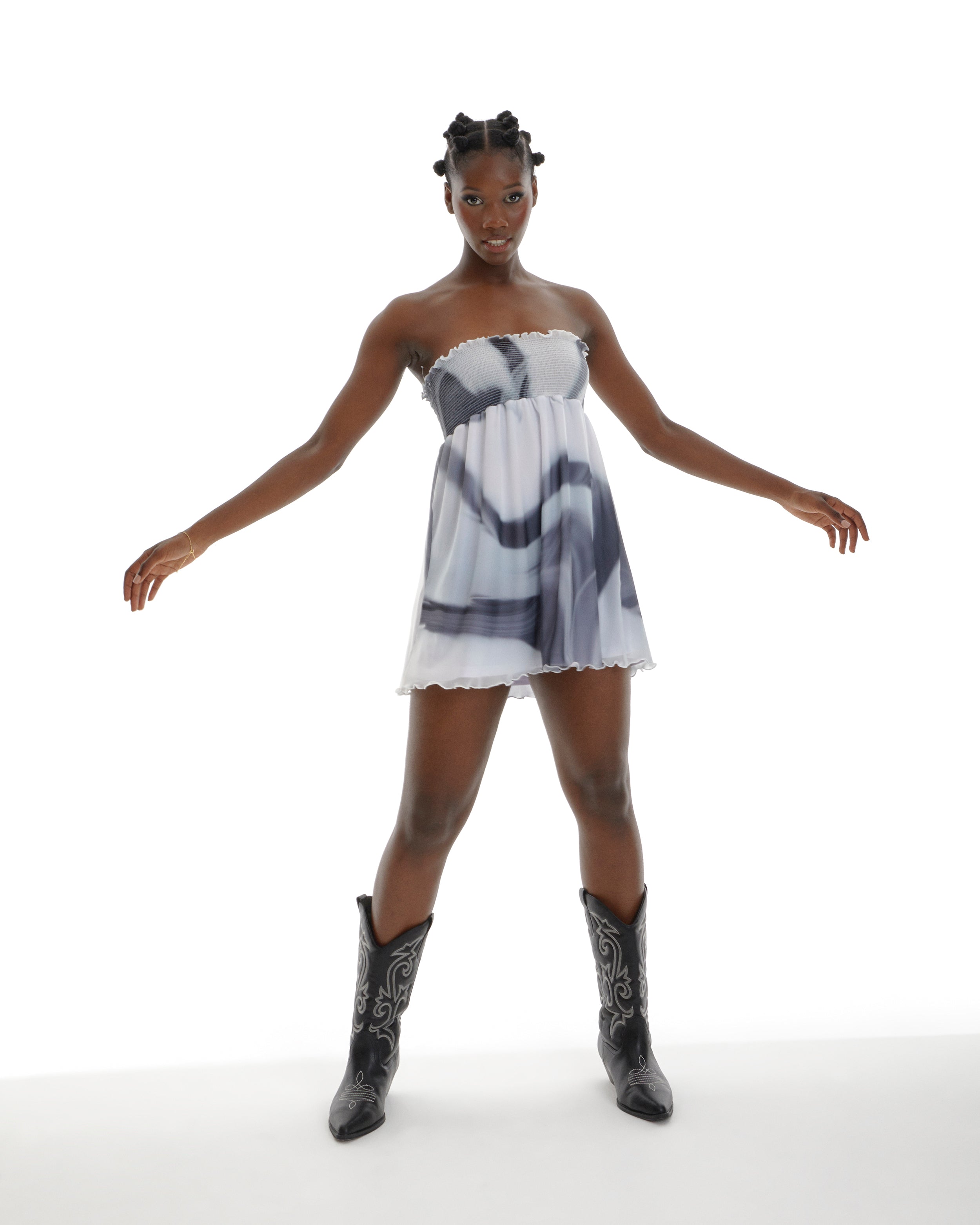 Myscene Mini Bandeau Mesh Dress With Graphic Pattern In Monochrome