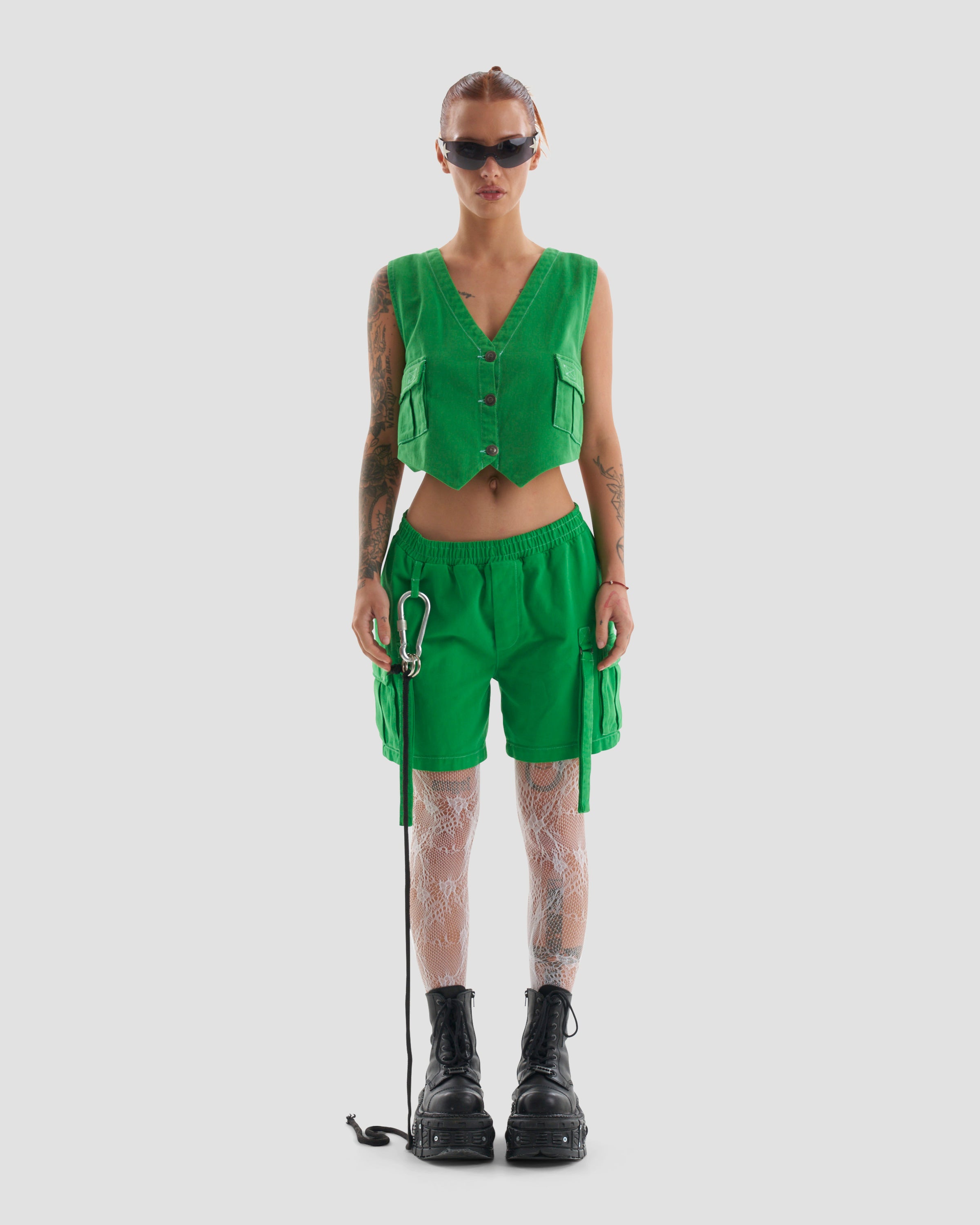 Clubland Co-Ord Technical Cargo Shorts in Green