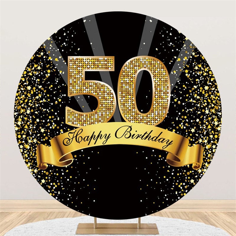 Happy 50th Birthday Black Gold Glitter Ribbon Round Backdrops Lofaris