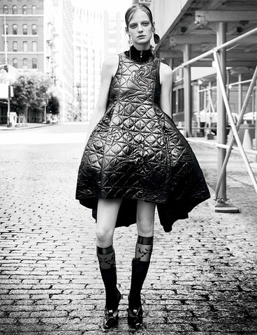 Ozone Design's floral damask sheer knee high on model in interview magazine
