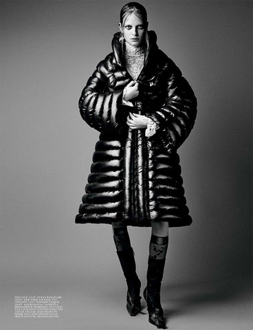 Ozone Design's floral damask sheer knee high with winter coat featured in interview magazine