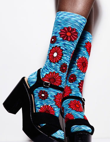 ozone design's blue floral socks featured in nue magazine