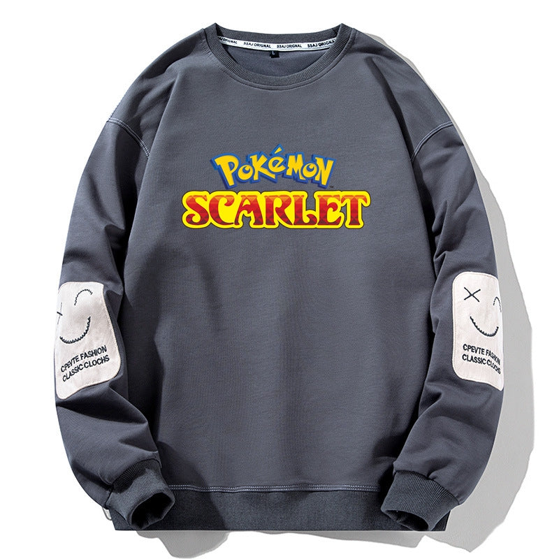 Pokemon Scarlet Crew Neck Sweatshirt Smile Face Embroidery Sleeves