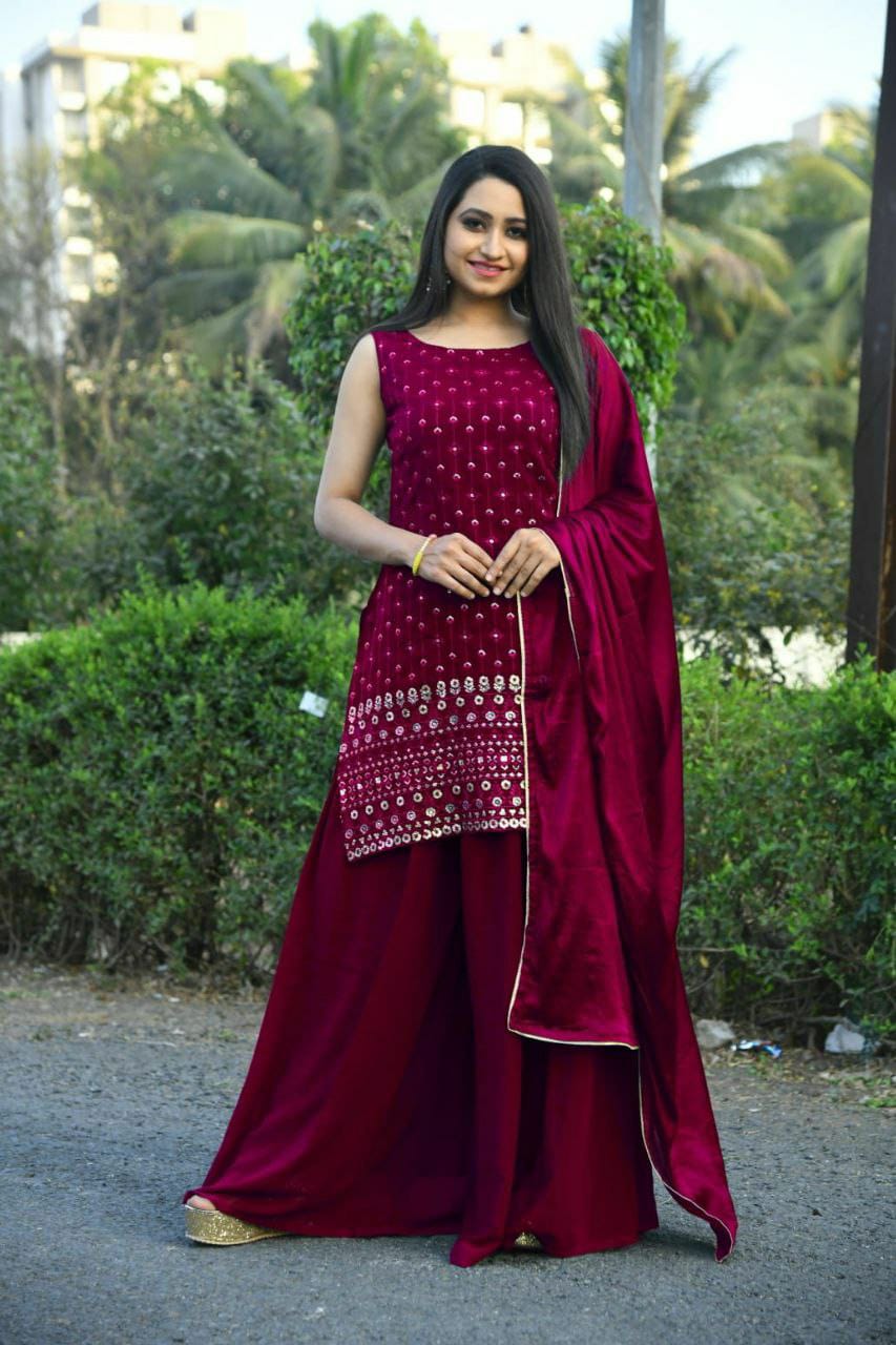 Beautiful Faux Georgette Red Top With Plazo and Dupatta – Shivansh Fab