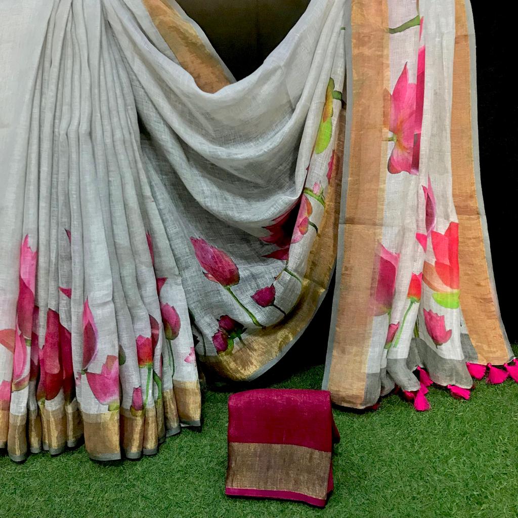 Floral digital print pure linen saree – www.vannamayil.com