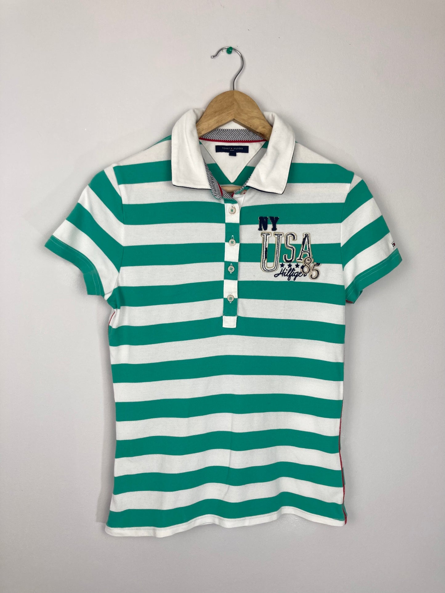 polo à rayures blanches et vertes tommy hilfiger manches courtes taille 38