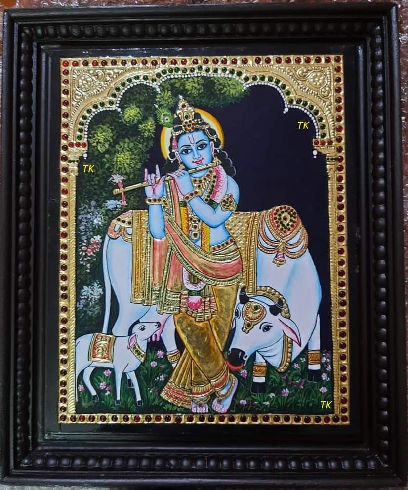 Krishna with cow-Tanjore painting