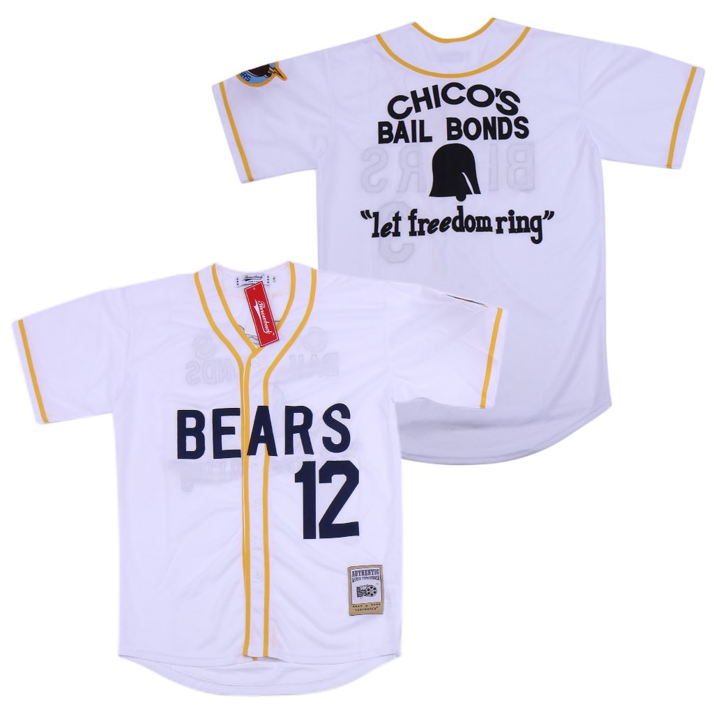 : borizcustoms Chico's Bail Bonds Bears Jersey Stitch Shirt  Baseball Patch Sewn #12 Size (36) Yellow : Sports & Outdoors