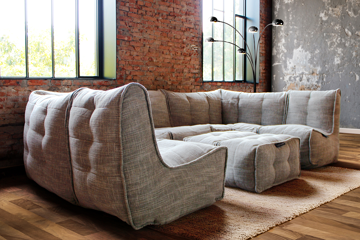 MODULAR bean bag sofas in industrial chic loft apartment (MOD 6 Lounge Max configuration in Eco Weave)