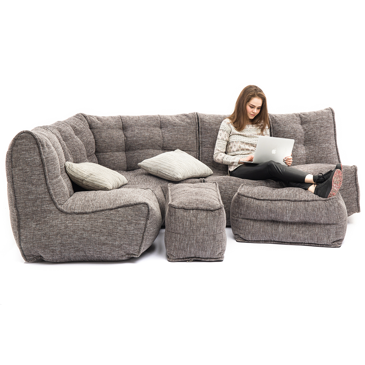 Settle into the body moulding comfort of MODULAR bean bag sofas (MOD 5 Living Lounge configuration in Luscious Grey)