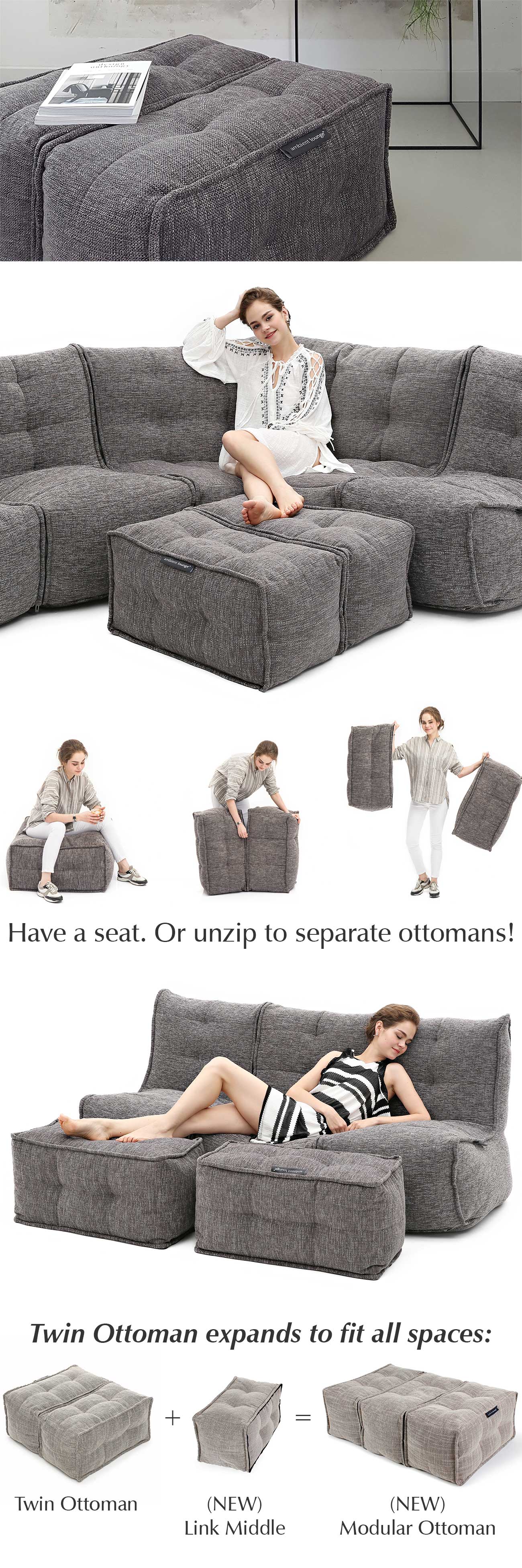 Modular Sofa Bean Bags - Twin Ottoman Expanded