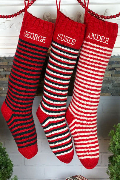 personalized hand knit striped Christmas stockings