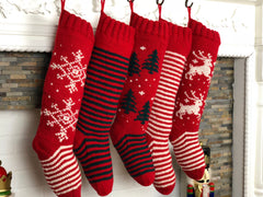 Red and white hand knit personalized Christmas stockings