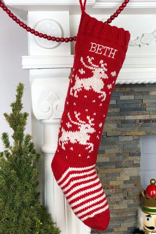 Personalized knit Christmas stocking reindeer