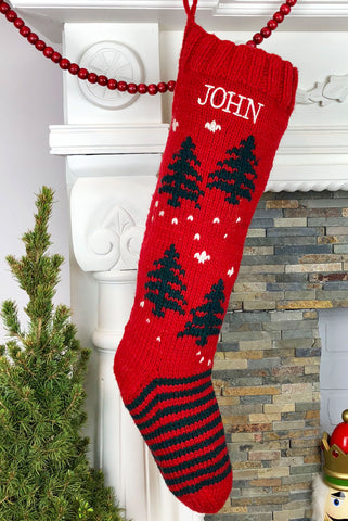 Personalized knit Christmas stocking Trees