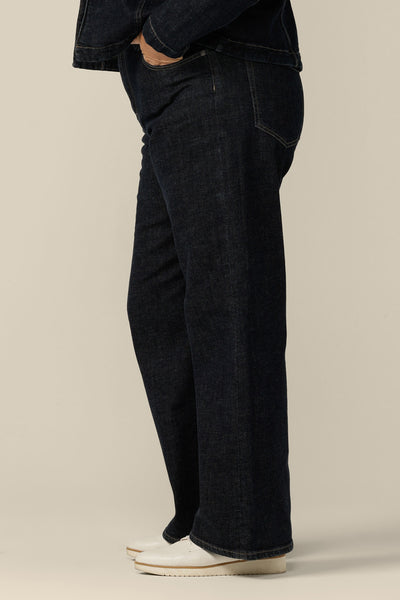 Ethical and sustainable jeans made for women in sizes 8 to 24, these jeans are high-waisted, with flared legs. Worn here in a size 16, these conscious jeans by Australian and New Zealand women's clothing label, L&F are tailored to fit women's curves. Shop now with free shipping to New Zealand.