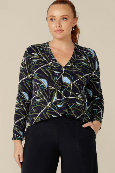 Made in Australia in sizes 8-24, this V-neck top with long sleeves is made to fit petite to plus size women. Shop this workwear top online. Now shipping free to New Zealand for a limited time only!