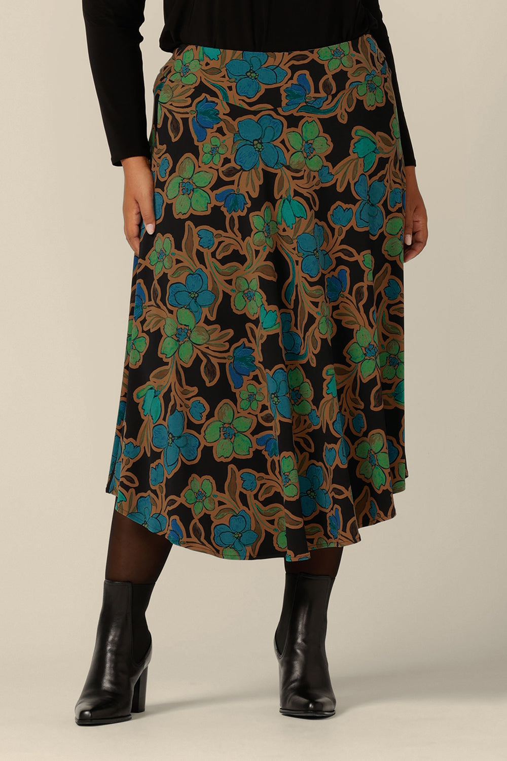 An asymmetric, midi skirt in a size 18 by Australian and New Zealand women's clothing brand, L&F. Made in Australia, shop this jersey skirt in an inclusive size range of 8 to 24.