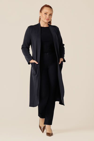 The ultimate winter coat for Australia and New Zealand winters, the Marant Trenchcoat in Bluestone is made from winter-weight modal fabric for luxurious comfort. A collarless, open fronted coat with tie belt and patch pockets, this classic cover-up makes for an elegant yet warm trans-seasonal coat. 