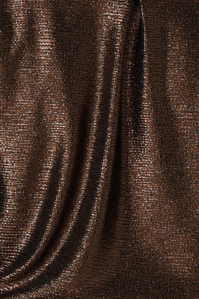 fabric swatch of Mocha Xanadu, a shimmering jersey fabric in shades of copper and brown, this sparkly fabric is used by Australian and New Zealand women's clothing label, L&F to make occasionwear tops and skirts in their new event and cocktail wear collection.