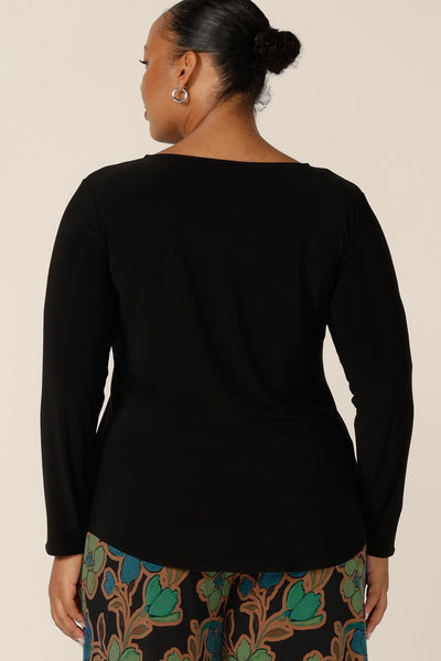 Back view of a women's, long sleeve, boat neck top in black jersey by Australian and New Zealand women's clothing label, L&F. Australian-made tops in inclusive sizes, 8-24 at L&F online. 