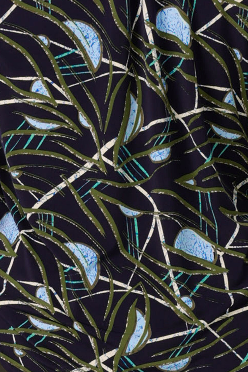 Blue, green and white abstract print on navy dry-touch jersey fabric, used by Australian and New Zealand women's clothing label, L&F to make a range of women's tops, dresses and pants for work.