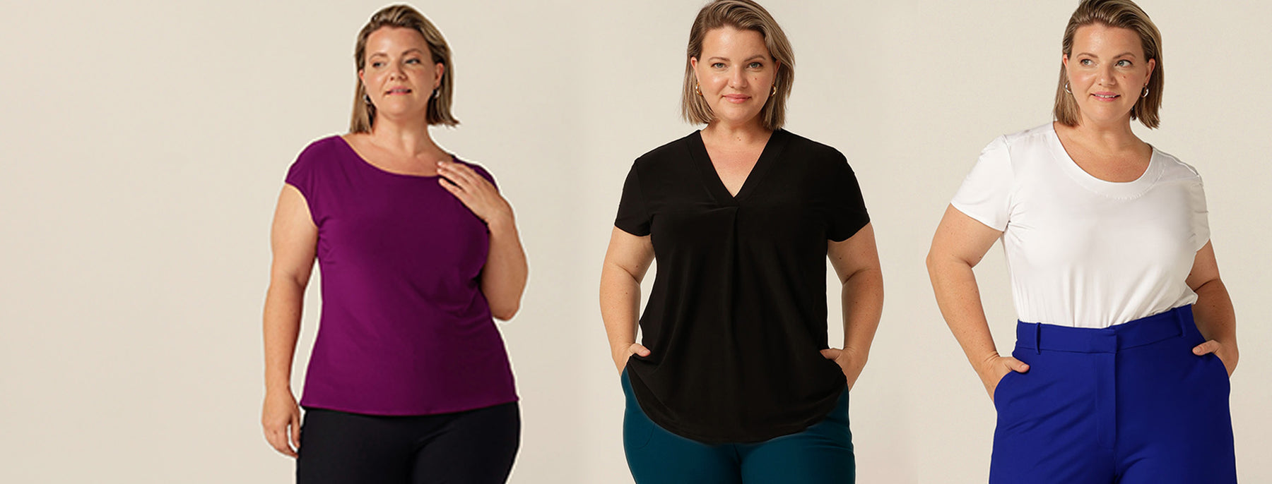 Workwear tops in stretch jersey for petite to plus size women - images shows plus size woman in three work top styles: one top in magenta jersey features cap sleeves and boat neckline. Top two is a V-neck short sleeve top in black jersey and top three is white bamboo jersey with short sleeves and a round neckline 